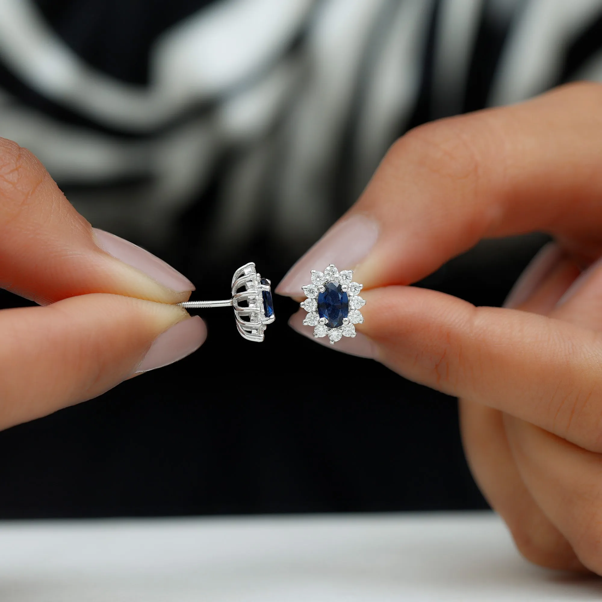 Oval Cut Created Blue Sapphire and Diamond Sunburst Stud Earrings