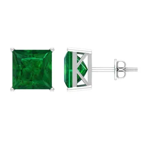 Princess Cut Lab Grown Emerald Solitaire Stud Earrings