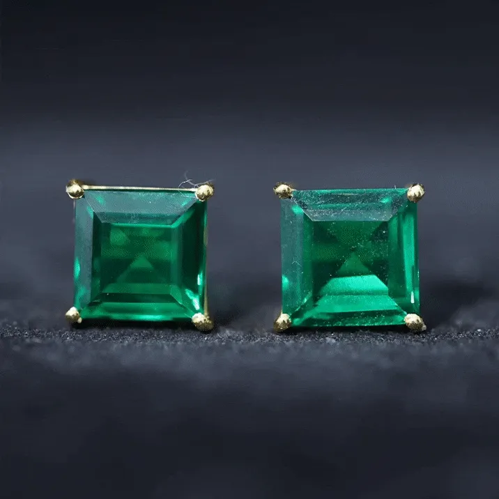 Princess Cut Lab Grown Emerald Solitaire Stud Earrings