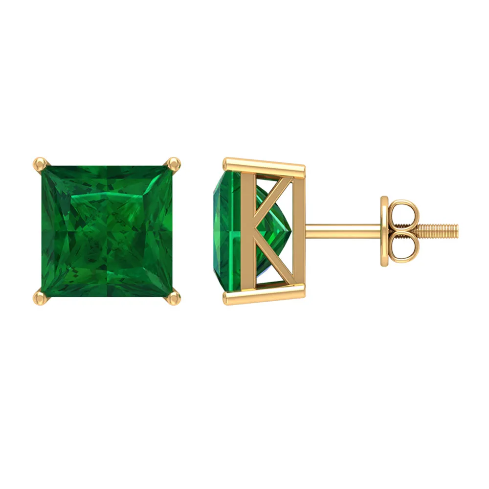 Princess Cut Lab Grown Emerald Solitaire Stud Earrings