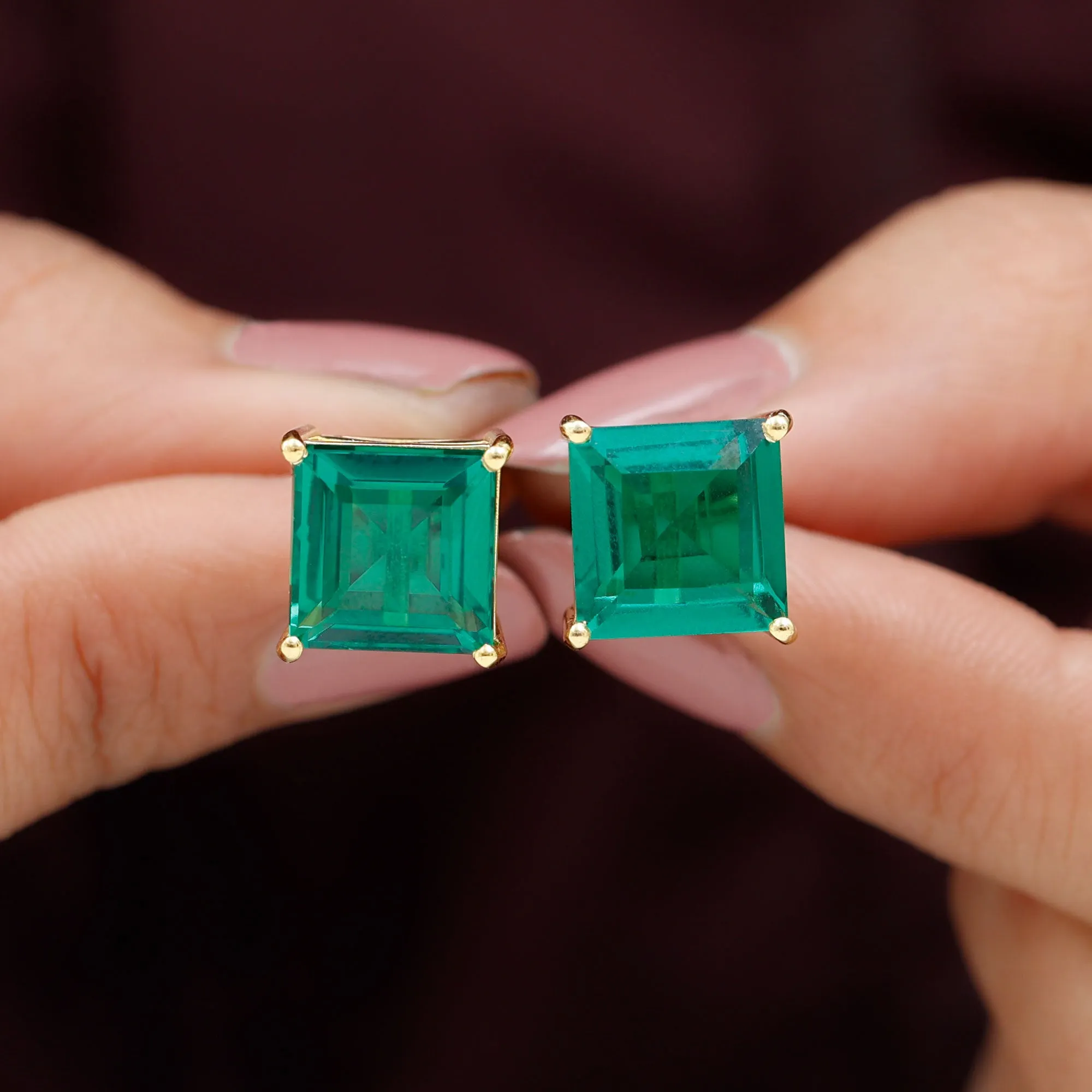 Princess Cut Lab Grown Emerald Solitaire Stud Earrings