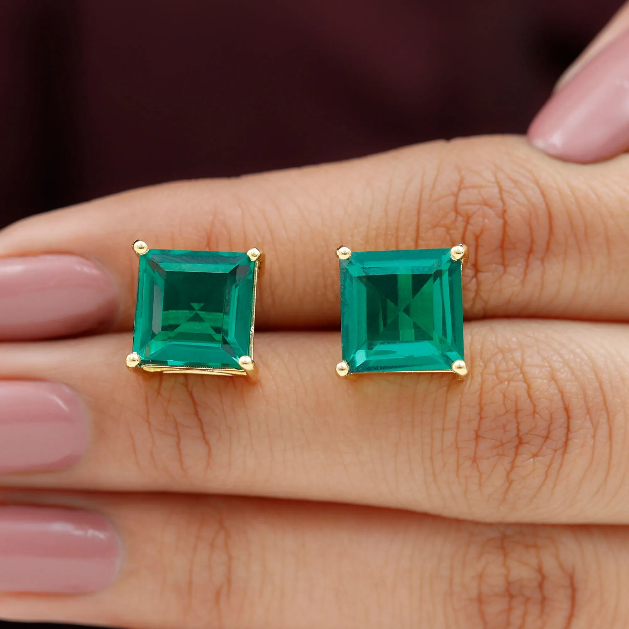 Princess Cut Lab Grown Emerald Solitaire Stud Earrings