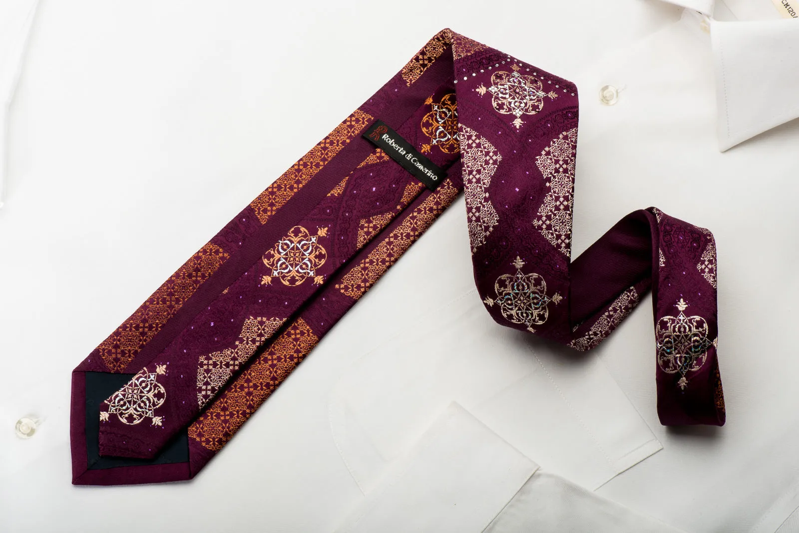 Roberta di Camerino Silk Tie Arabesque On Burgundy With Rhinestones & Sparkles