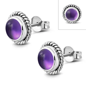 Round Amethyst Stone Stud Silver Earrings