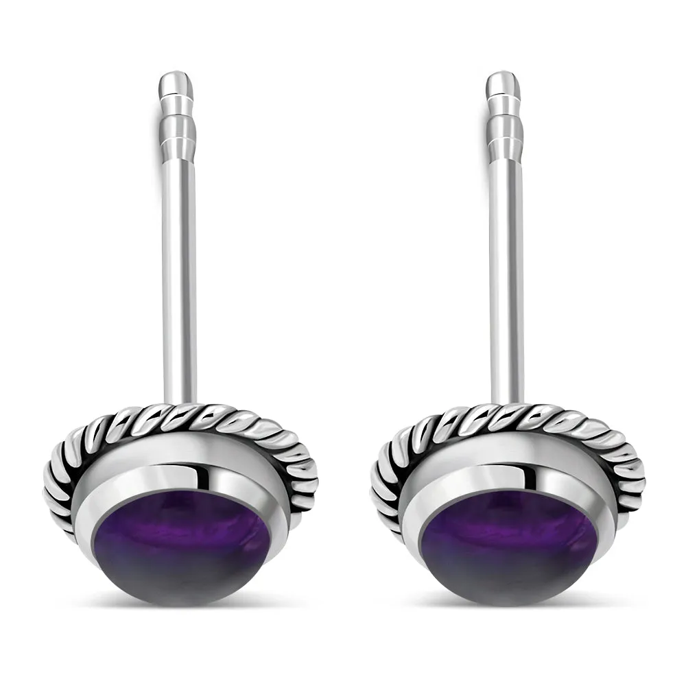 Round Amethyst Stone Stud Silver Earrings