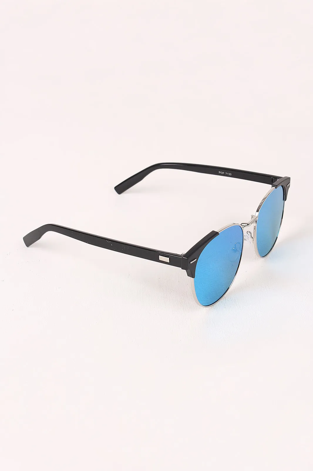 Round Mirrored Lens Cat Eye Clubmaster Sunglasses