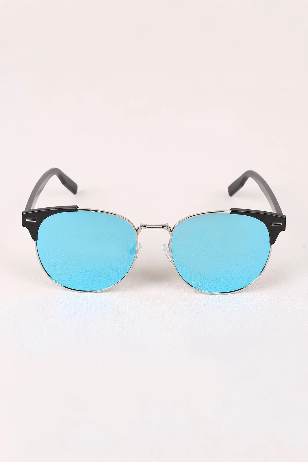 Round Mirrored Lens Cat Eye Clubmaster Sunglasses