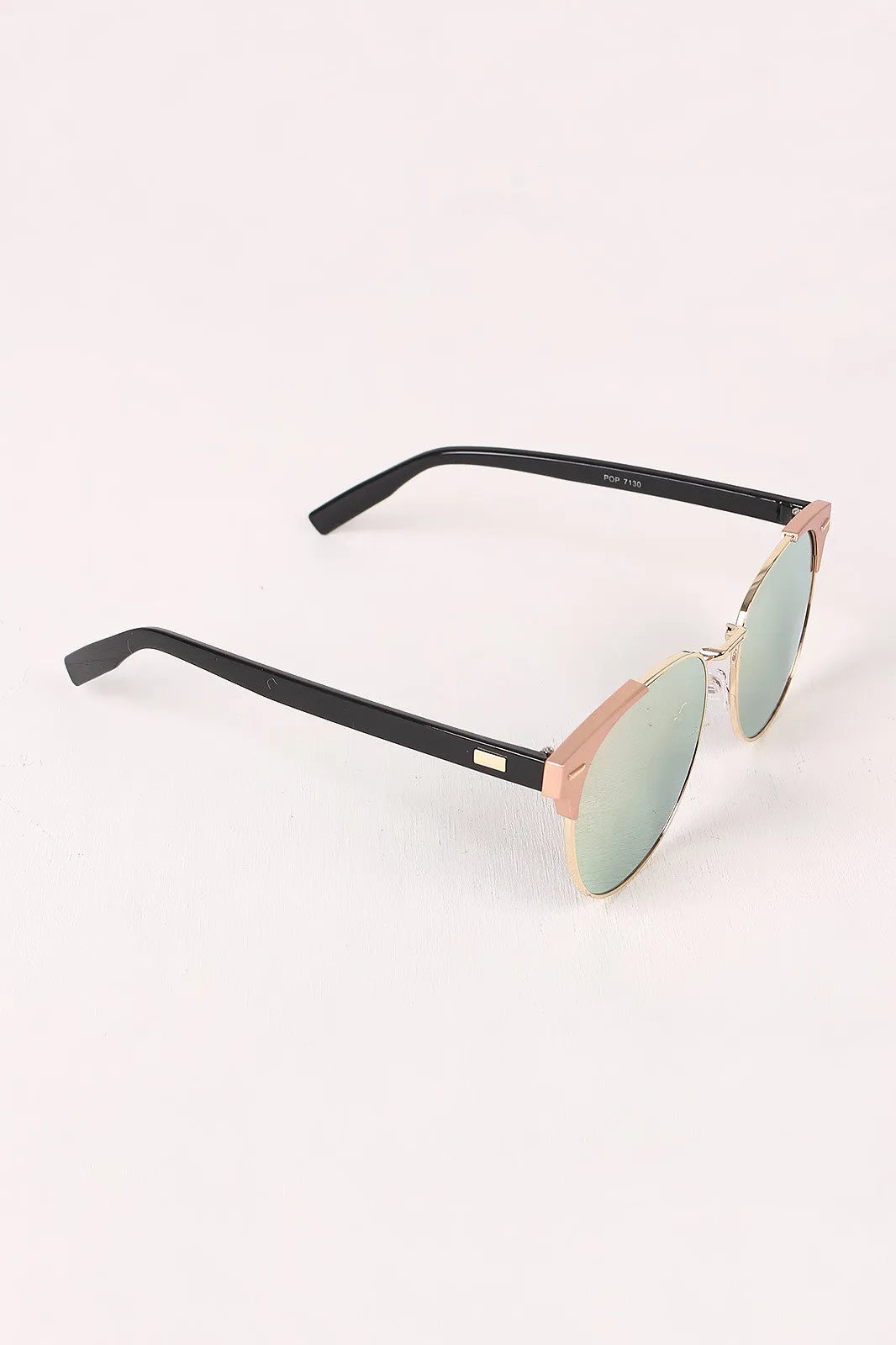 Round Mirrored Lens Cat Eye Clubmaster Sunglasses