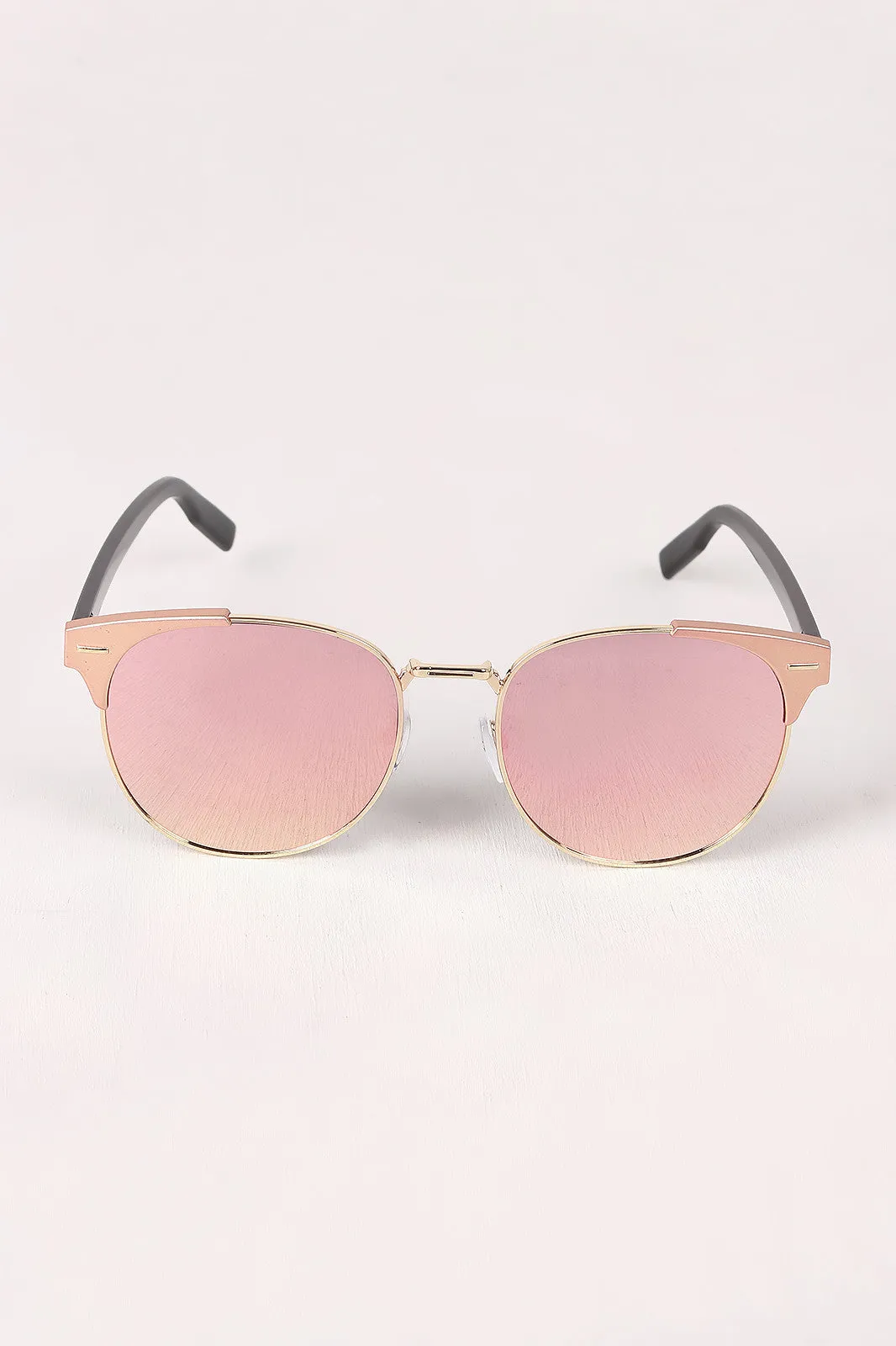 Round Mirrored Lens Cat Eye Clubmaster Sunglasses