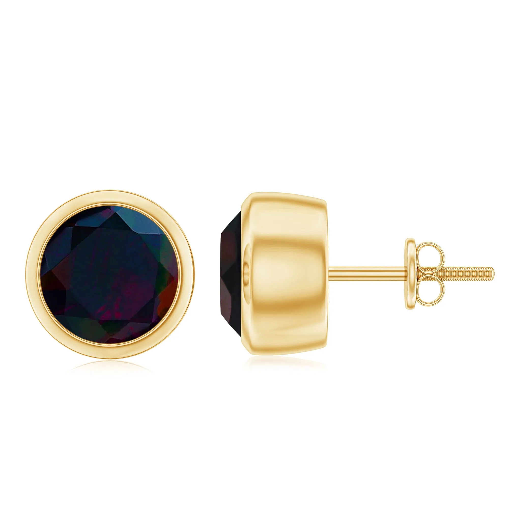 Round Shape Black Opal Solitaire Stud Earrings in Bezel Setting