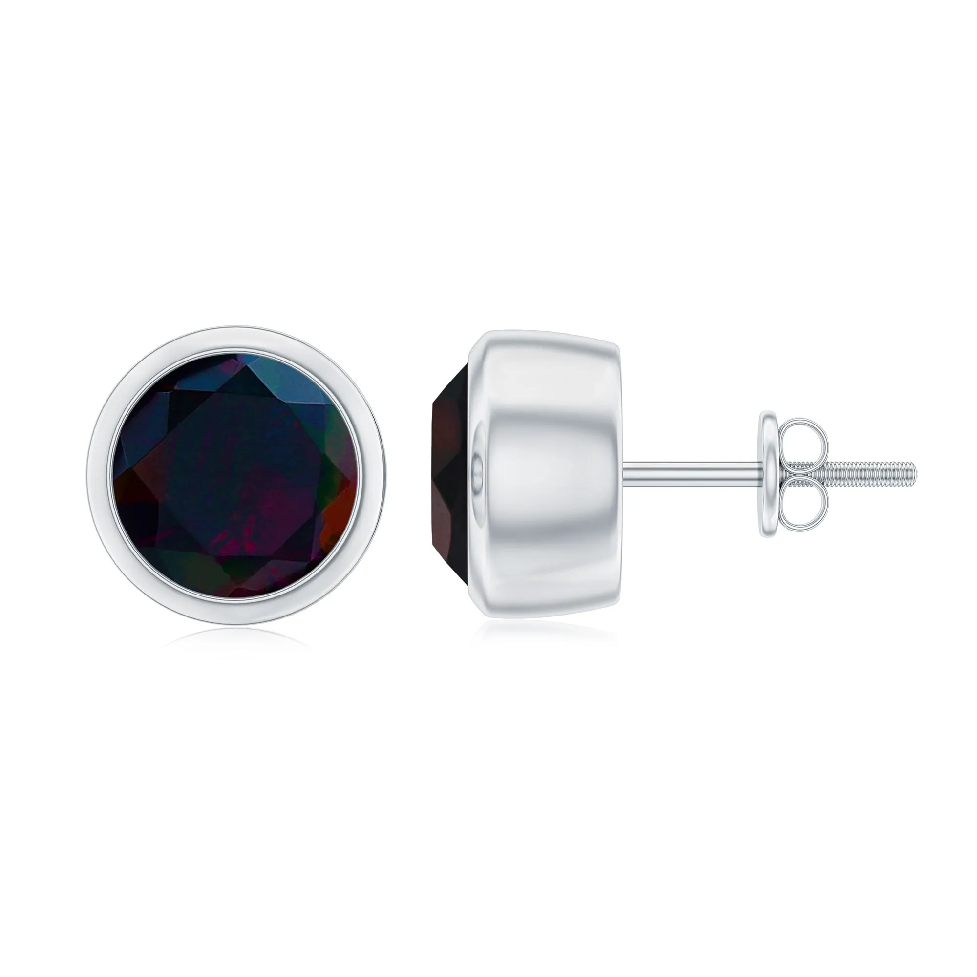 Round Shape Black Opal Solitaire Stud Earrings in Bezel Setting