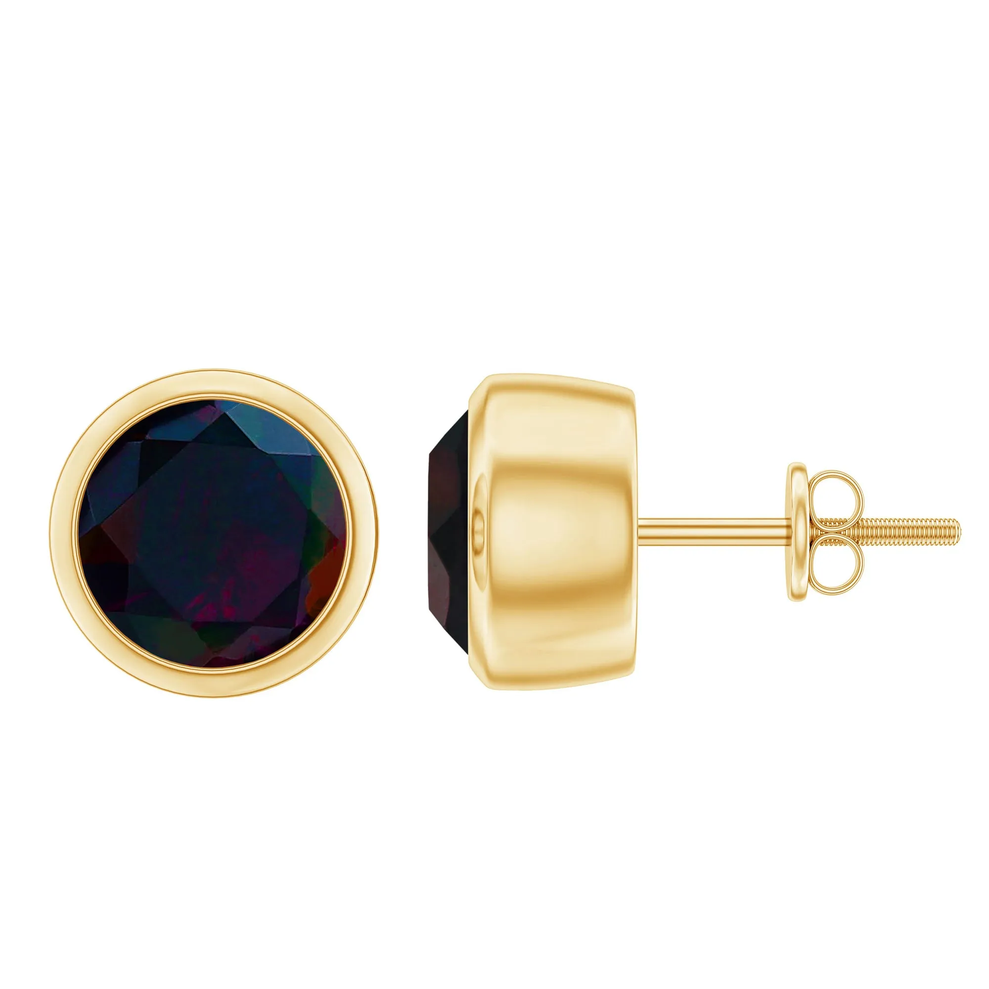 Round Shape Black Opal Solitaire Stud Earrings in Bezel Setting