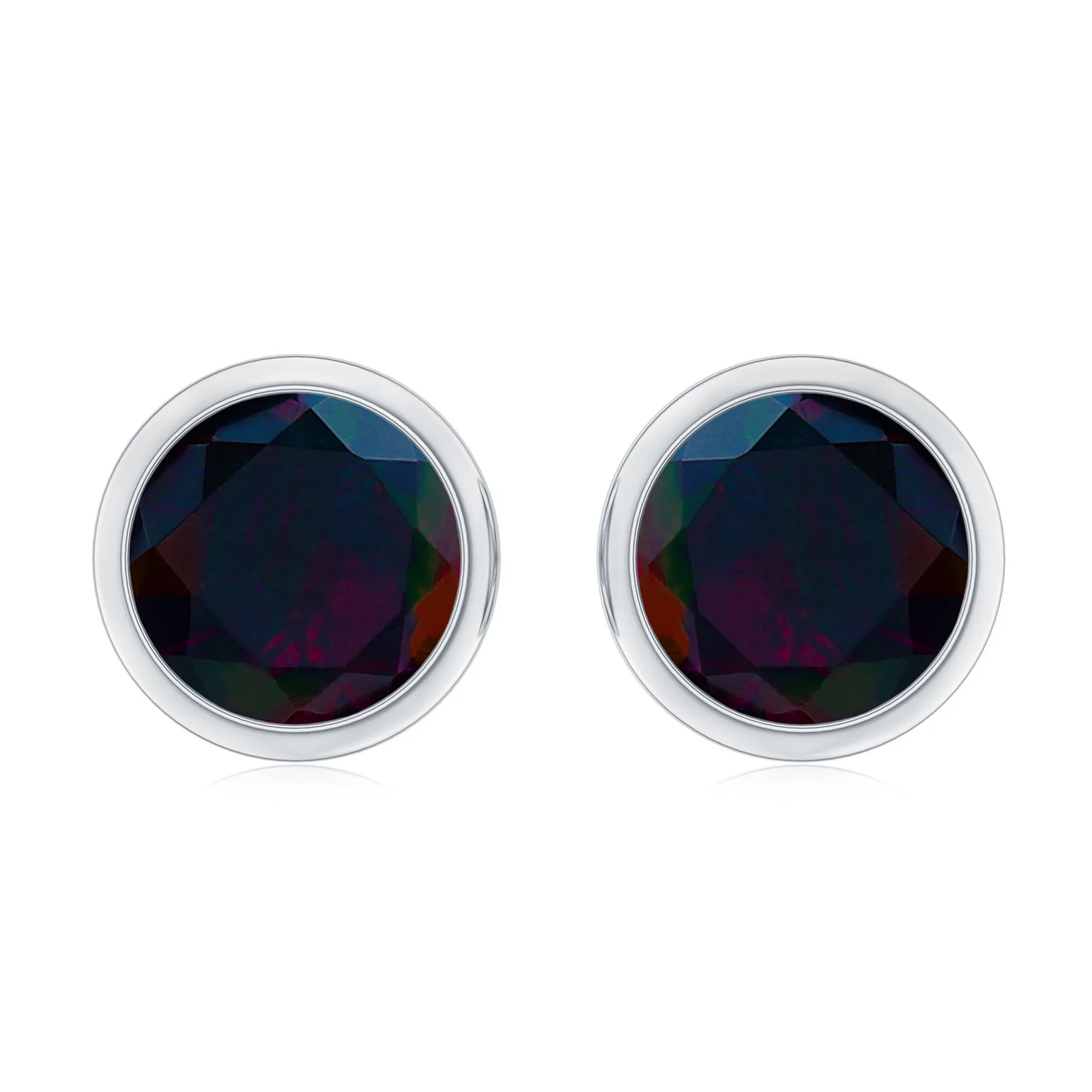 Round Shape Black Opal Solitaire Stud Earrings in Bezel Setting