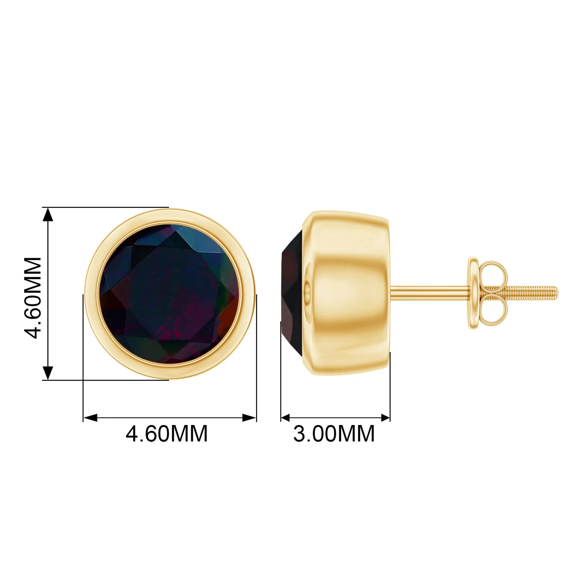 Round Shape Black Opal Solitaire Stud Earrings in Bezel Setting