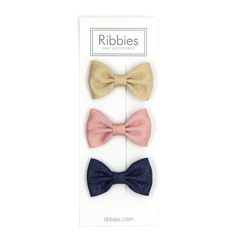 Set of 3 Sparkly Bow Tie Hair Clips - Gold, Pink and Navy