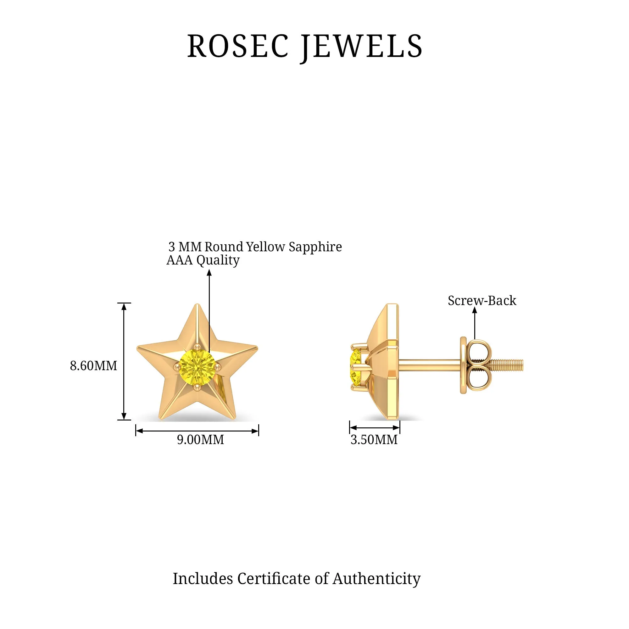 Star Stud Earrings with Yellow Sapphire