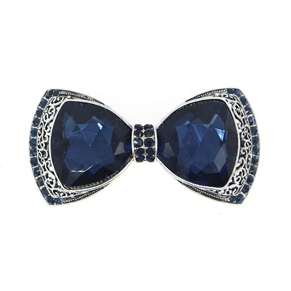 Vintage Filigree Bow Princess Slim Hair Barrette w/ Blue Rhinestones