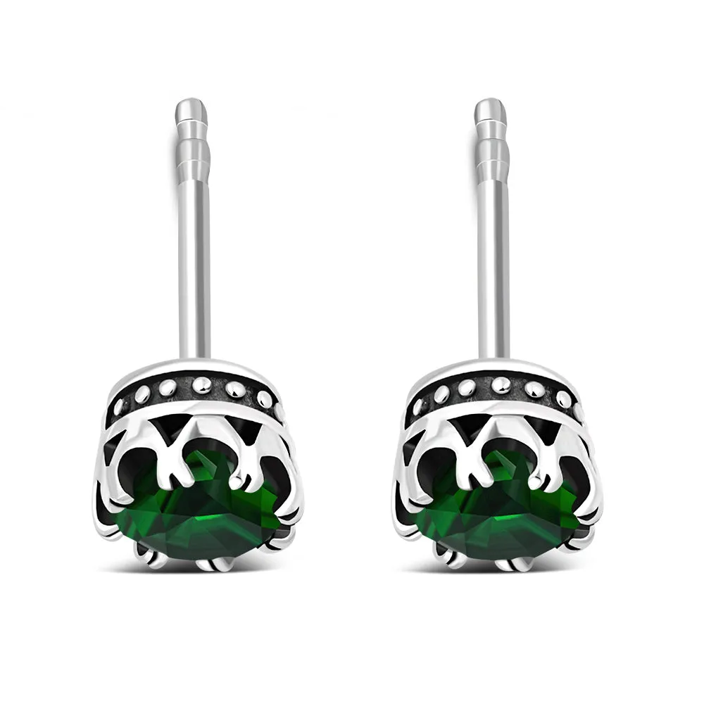 Vintage Royal Crown Ethnic Emerald Green CZ Sterling Silver Stud Earrings