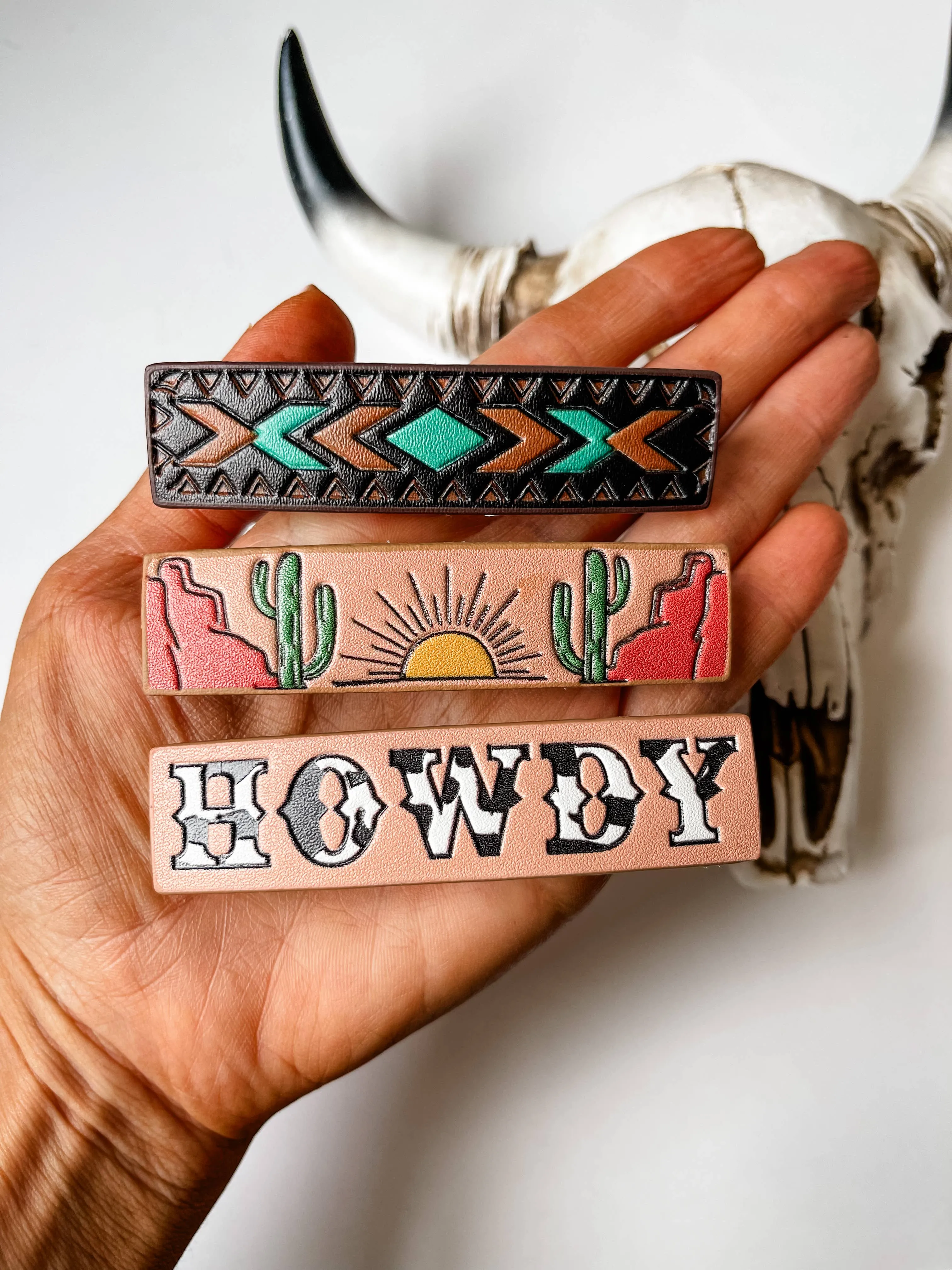 Western Leather Hair Clip Barrettes: HOWDY