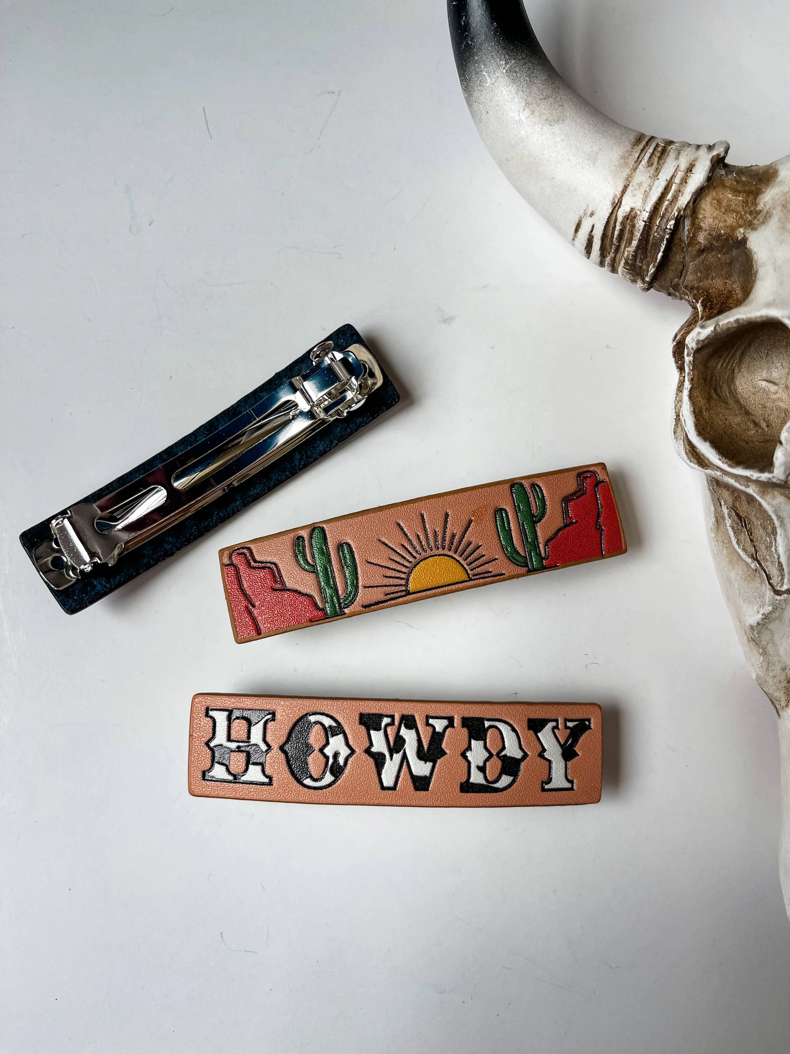 Western Leather Hair Clip Barrettes: HOWDY