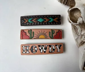 Western Leather Hair Clip Barrettes: HOWDY