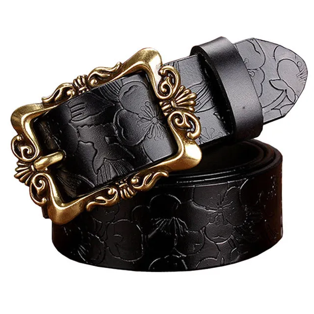 Wide Genuine Leather Belts For Women Vintage Floral Pin Buckle Belt