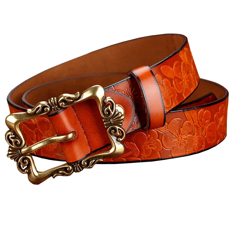 Wide Genuine Leather Belts For Women Vintage Floral Pin Buckle Belt