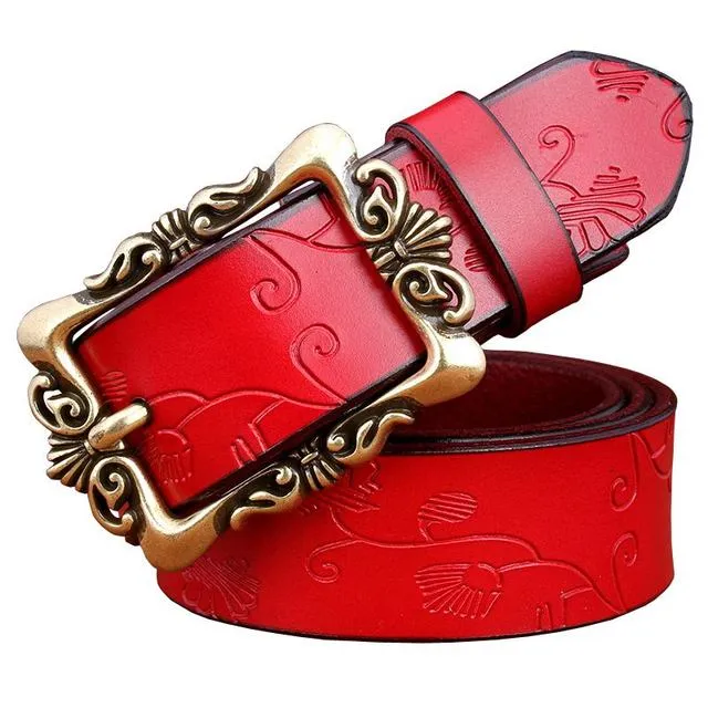 Wide Genuine Leather Belts For Women Vintage Floral Pin Buckle Belt