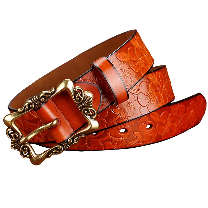 Wide Genuine Leather Belts For Women Vintage Floral Pin Buckle Belt