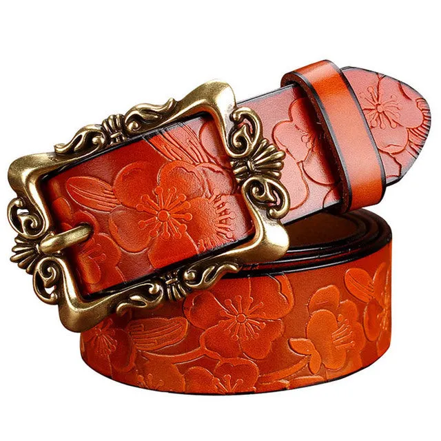 Wide Genuine Leather Belts For Women Vintage Floral Pin Buckle Belt