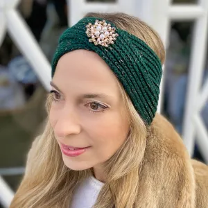 Winter Headband Green with Pearl Brooch in Organic Cotton Lurex Sustainable