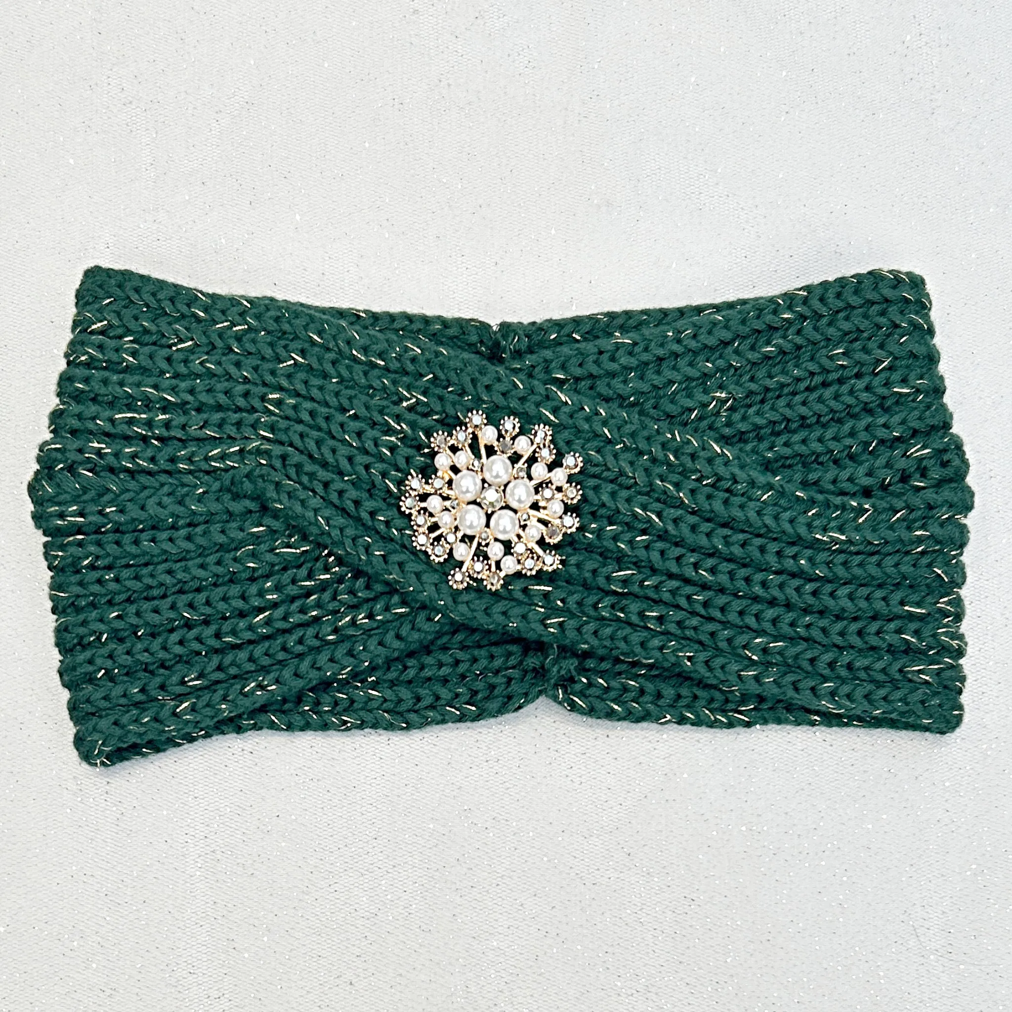 Winter Headband Green with Pearl Brooch in Organic Cotton Lurex Sustainable