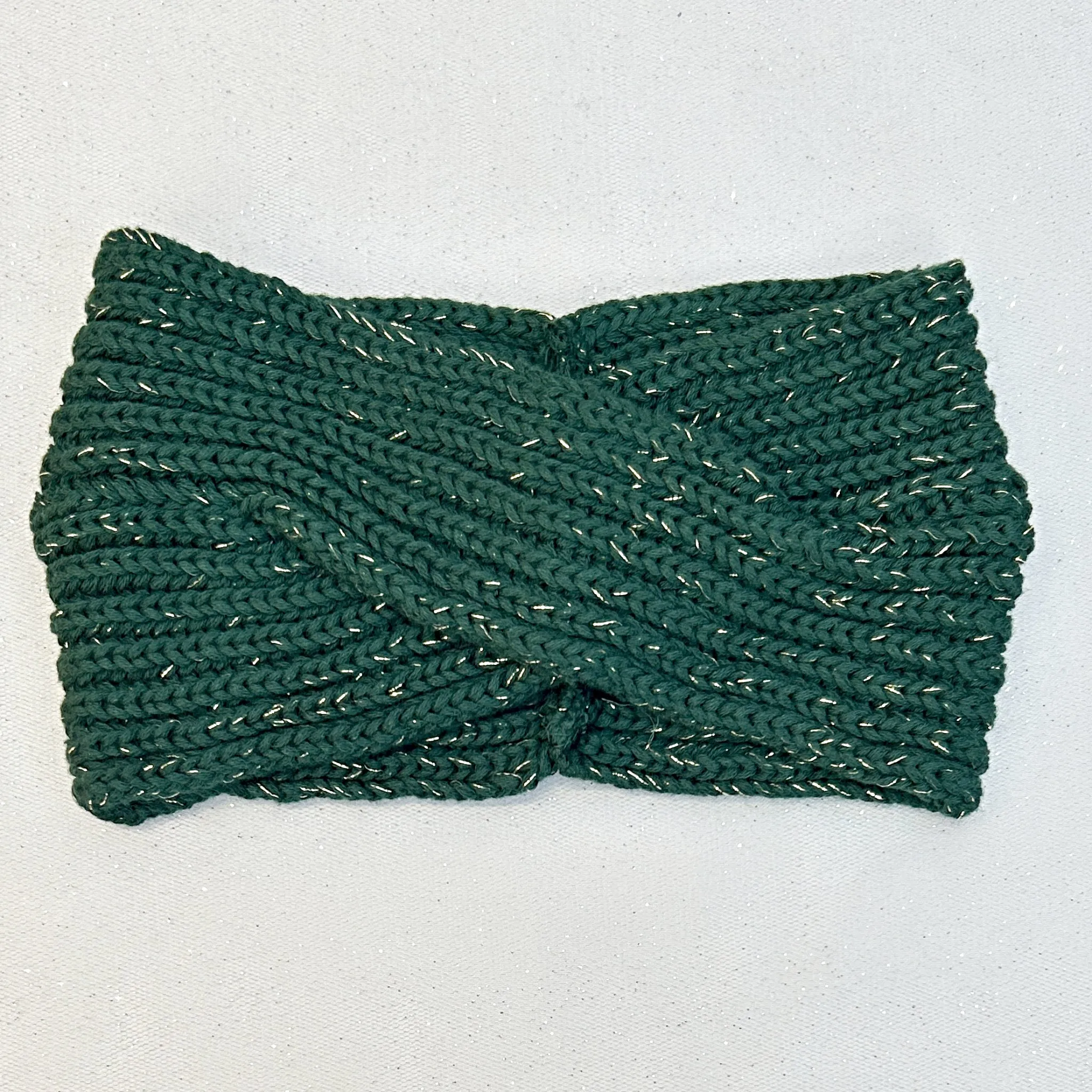 Winter Headband Green with Pearl Brooch in Organic Cotton Lurex Sustainable