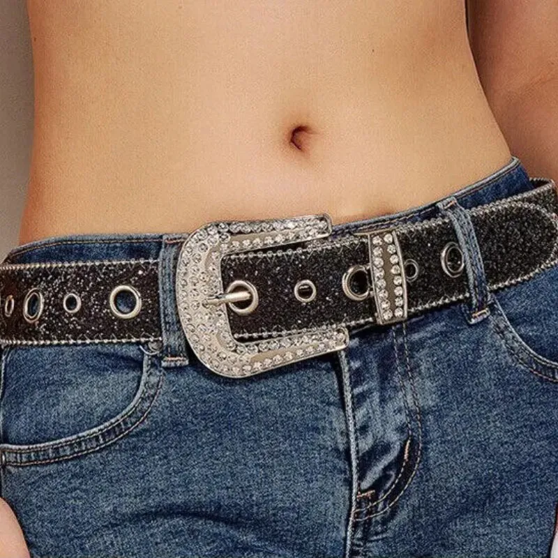 Women's Gothic Rhinestone Decor Metal Buckle Jeans Belt