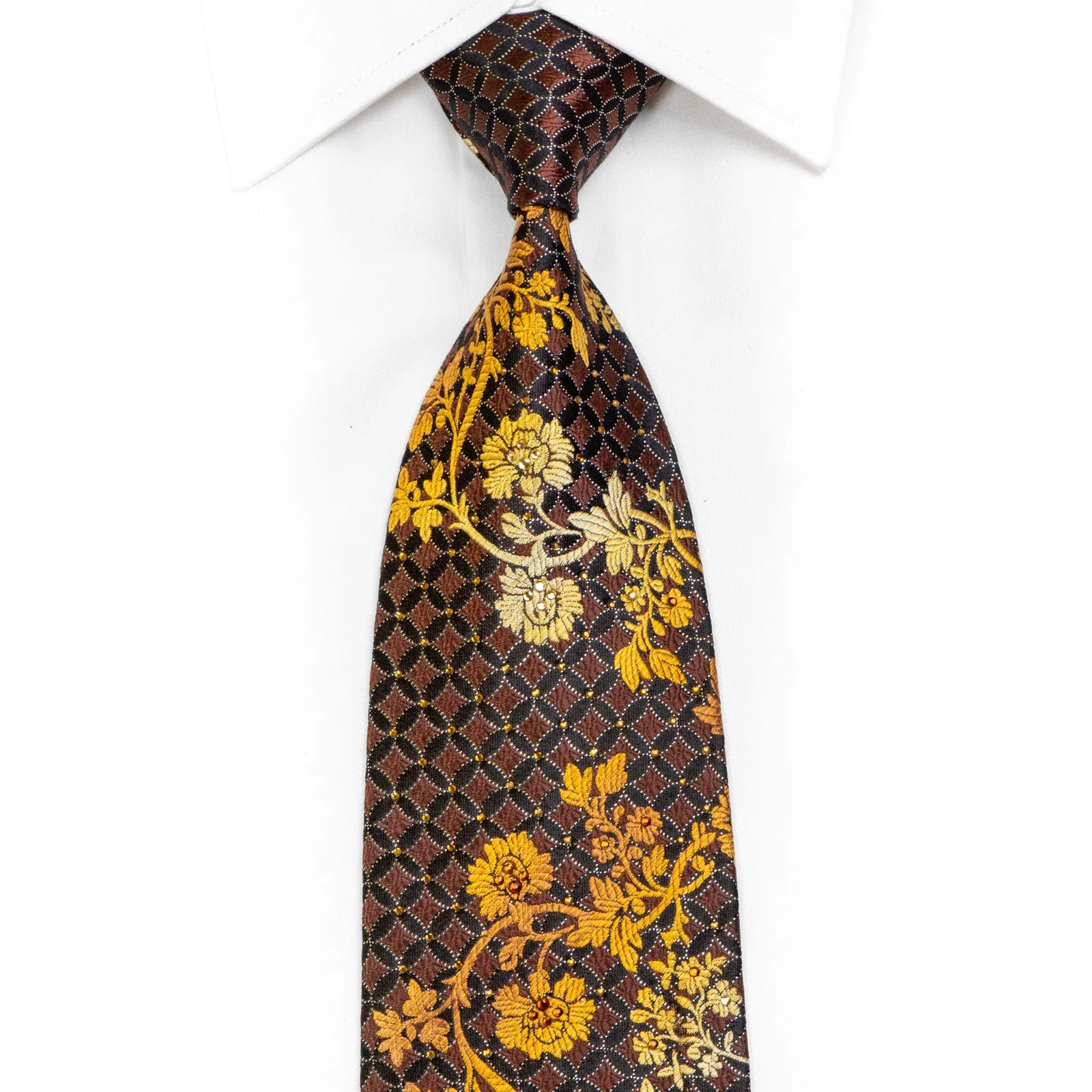 Yellow Floral On Brown Rhinestone Silk Necktie With Silver Sparkles