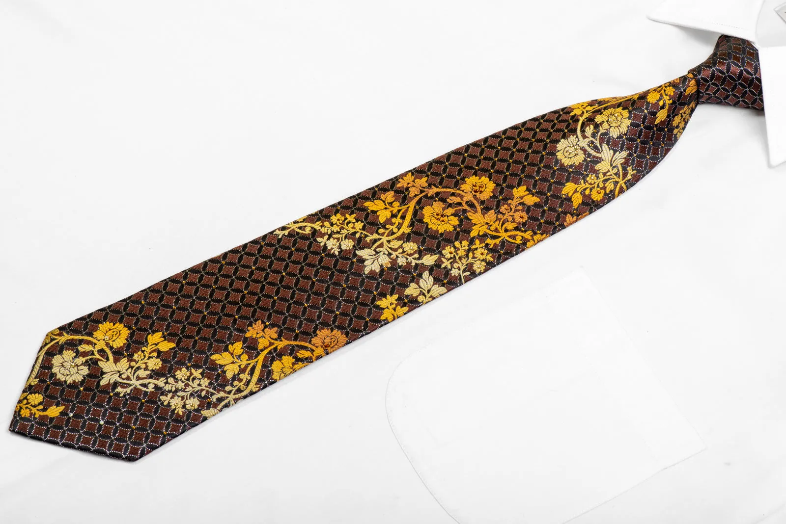 Yellow Floral On Brown Rhinestone Silk Necktie With Silver Sparkles