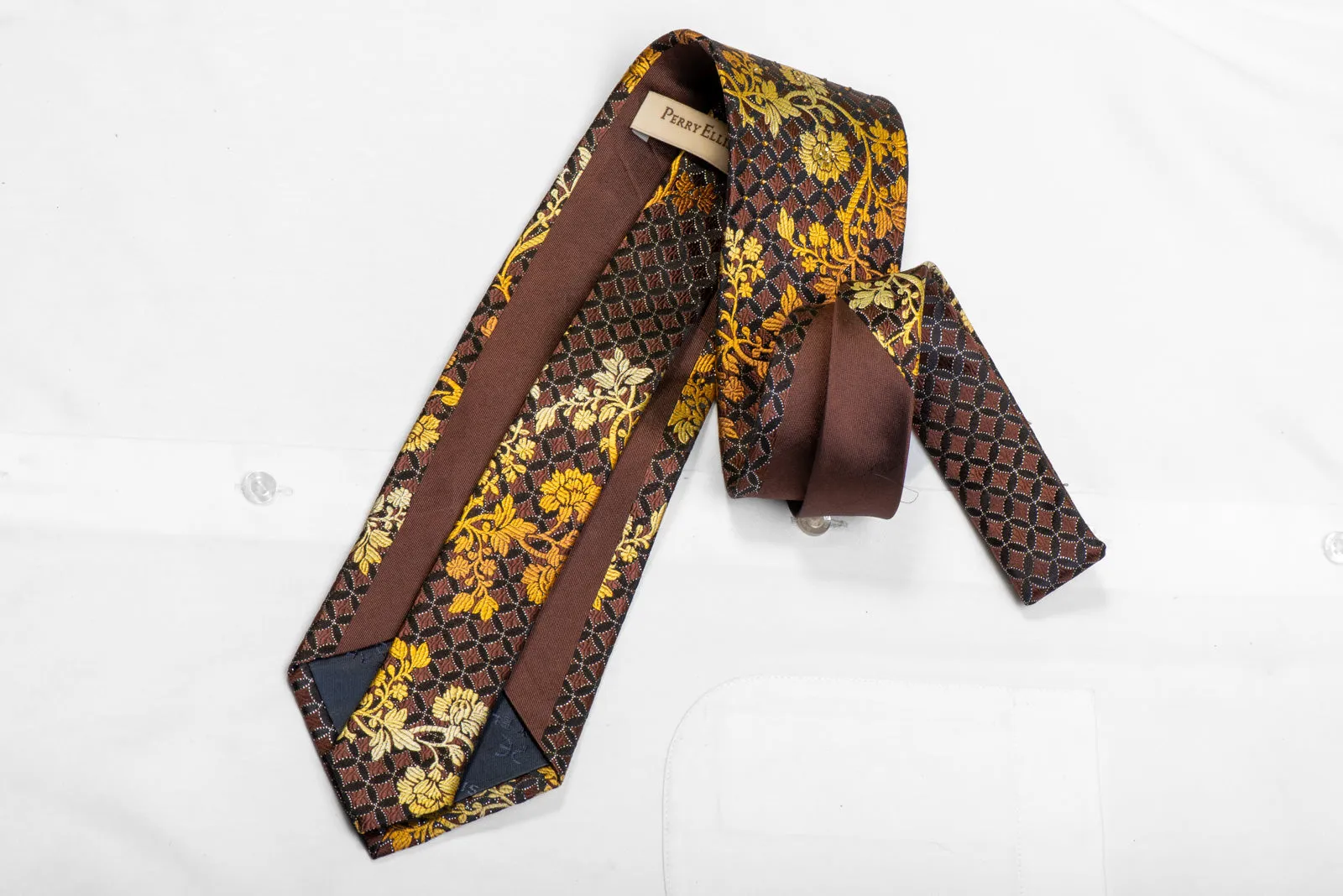 Yellow Floral On Brown Rhinestone Silk Necktie With Silver Sparkles