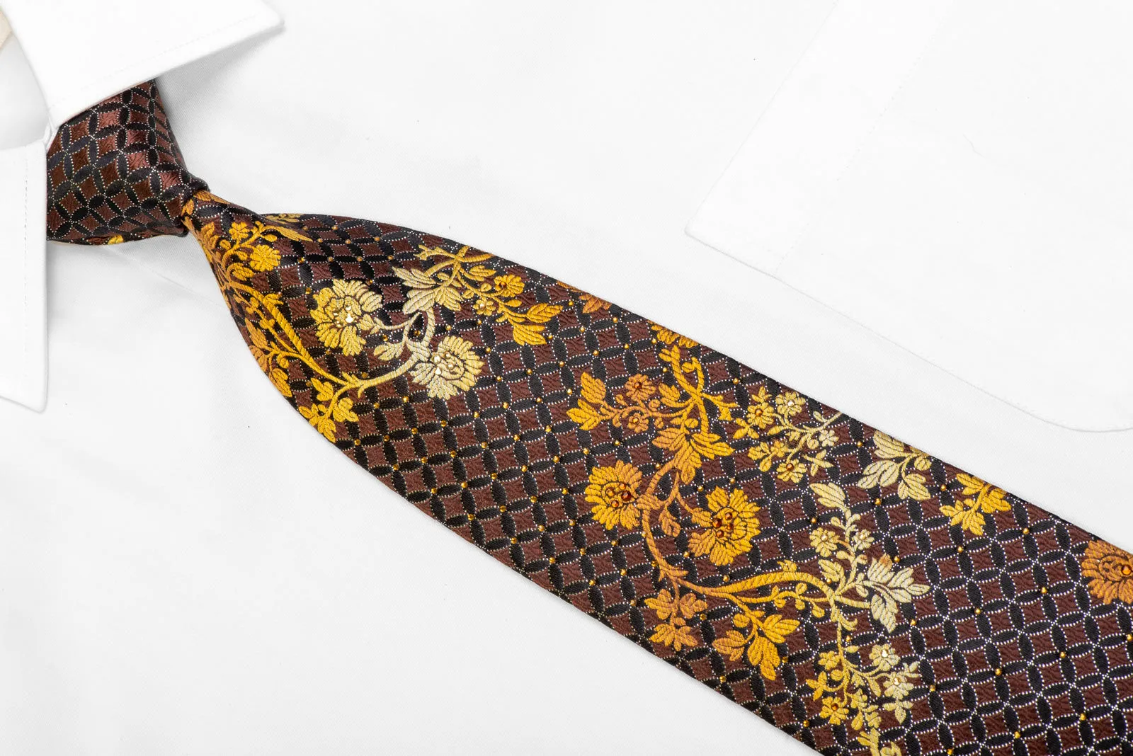 Yellow Floral On Brown Rhinestone Silk Necktie With Silver Sparkles